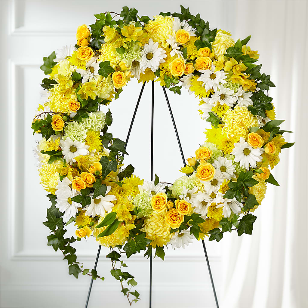 Golden Remembrance Wreath – FORGET-ME-NOT FLOWERS & GIFTS, Jacksonville NC