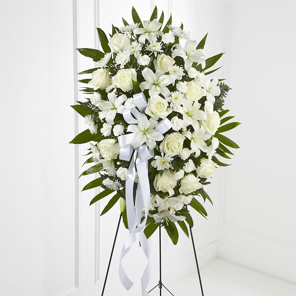 Exquisite Tribute Standing Spray-White Ribbon – FORGET-ME-NOT FLOWERS & GIFTS, Jacksonville NC